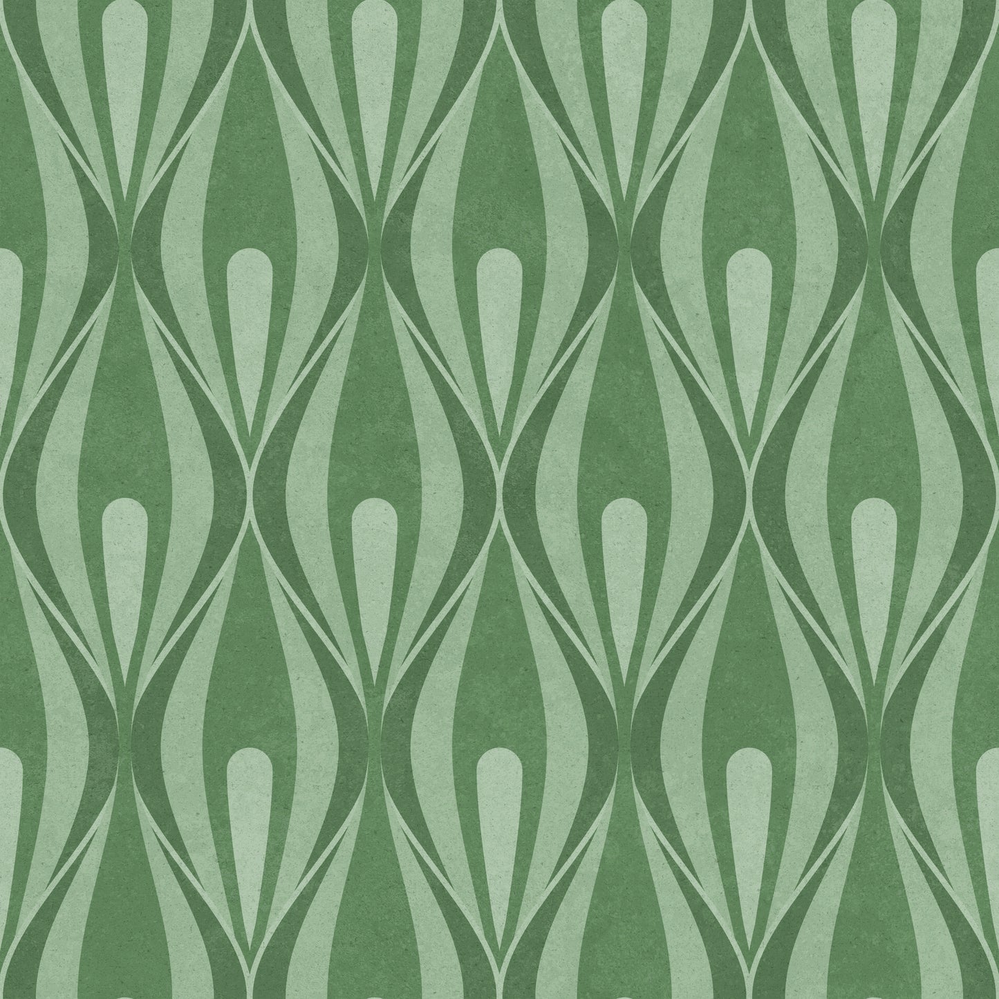 A repeating green and pale mint geometric pattern with elongated teardrop and leaf-like shapes, shown as a flat close-up of the material/pattern.