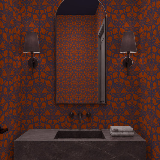 Violet and orange Art Nouveau poppy wallpaper in a dark powder room with a stone sink