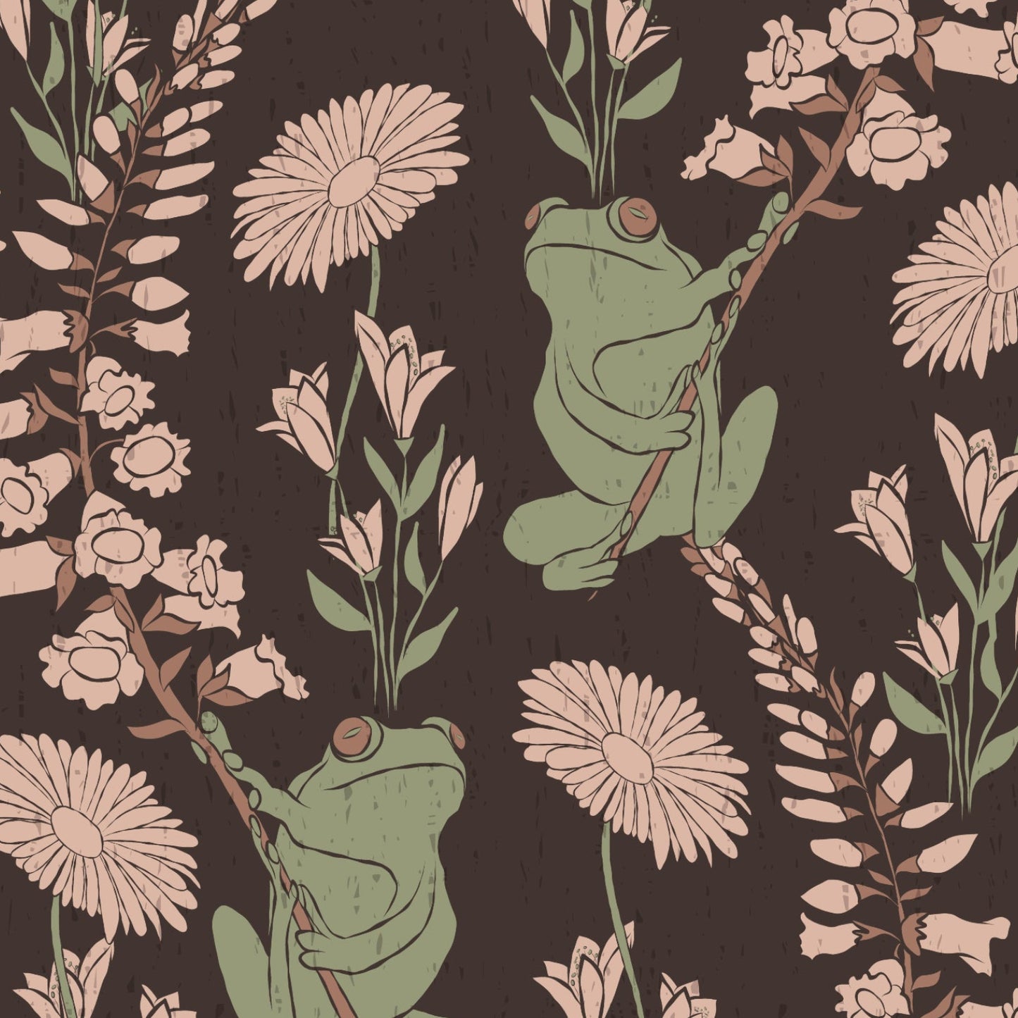 A repeating illustrated pattern featuring green frogs clinging to flowering branches against a dark brown background. The design includes pale flowers, muted green leaves, and brown stems in a vintage botanical style.