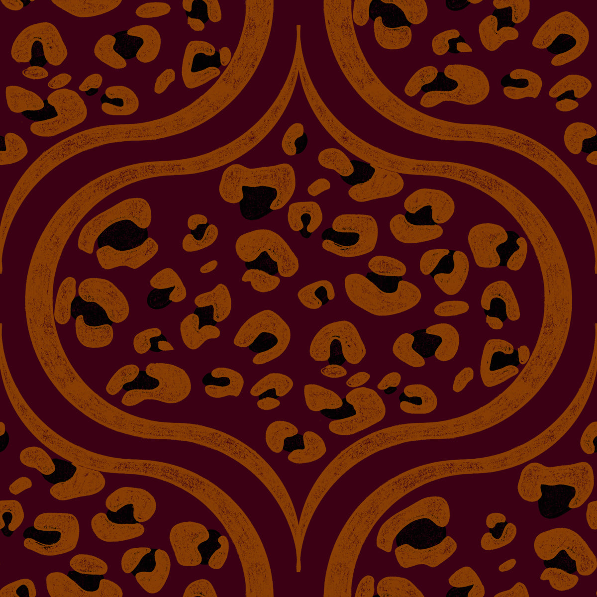 Leopard print ogee wallpaper in burnt orange on burgundy