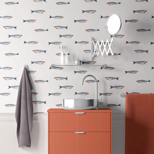 Sardine wallpaper in a bathroom