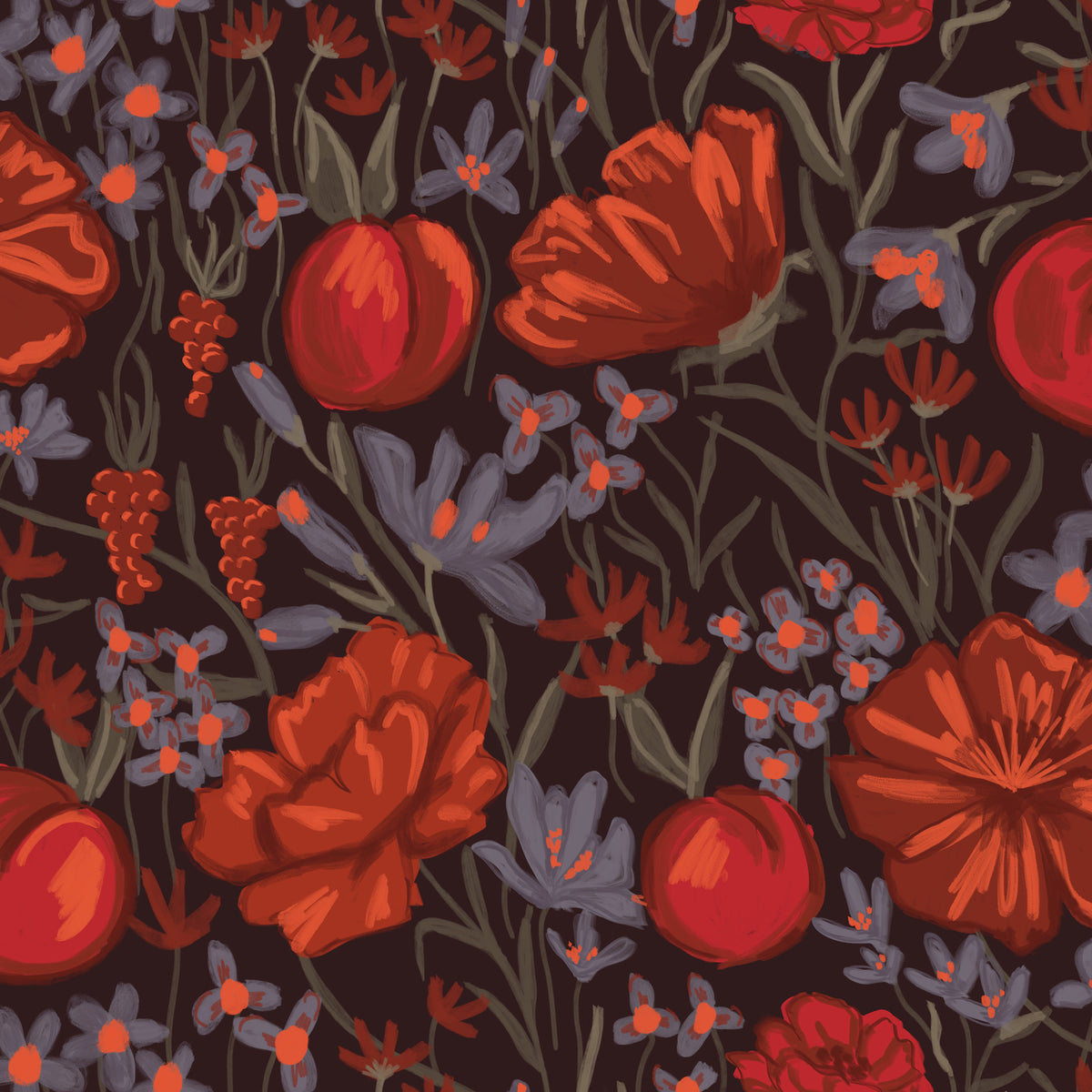 Hand-drawn floral wallpaper in red and orange on dark brown