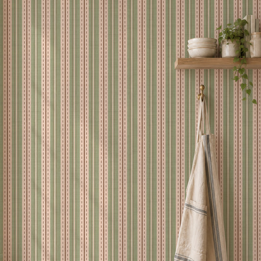 Ticking stripe wallpaper on a kitchen apron wall