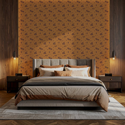 Bedroom with patterned wallpaper, bed, and nightstands.