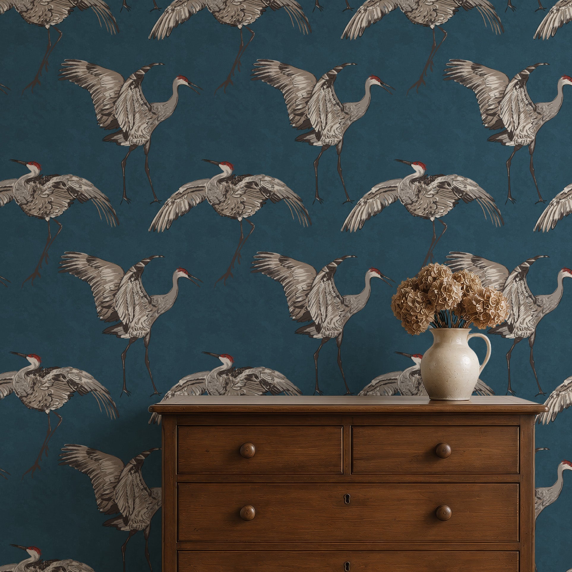 Large crane bird wallpaper in blue