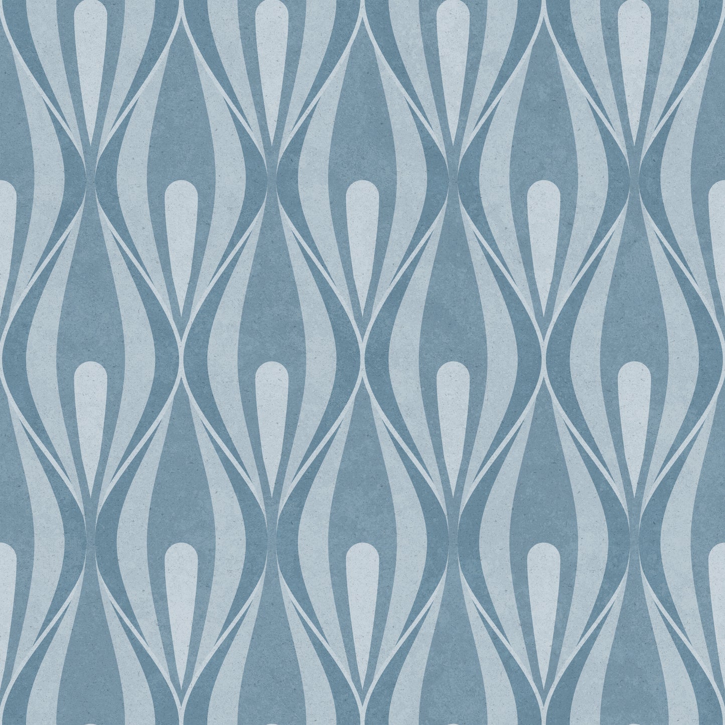 A repeating geometric wallpaper pattern featuring vertical teardrop shapes in light blue and white with a subtle textured finish.