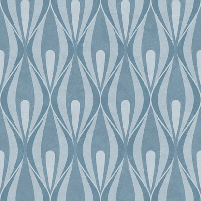 A repeating geometric wallpaper pattern featuring vertical teardrop shapes in light blue and white with a subtle textured finish.