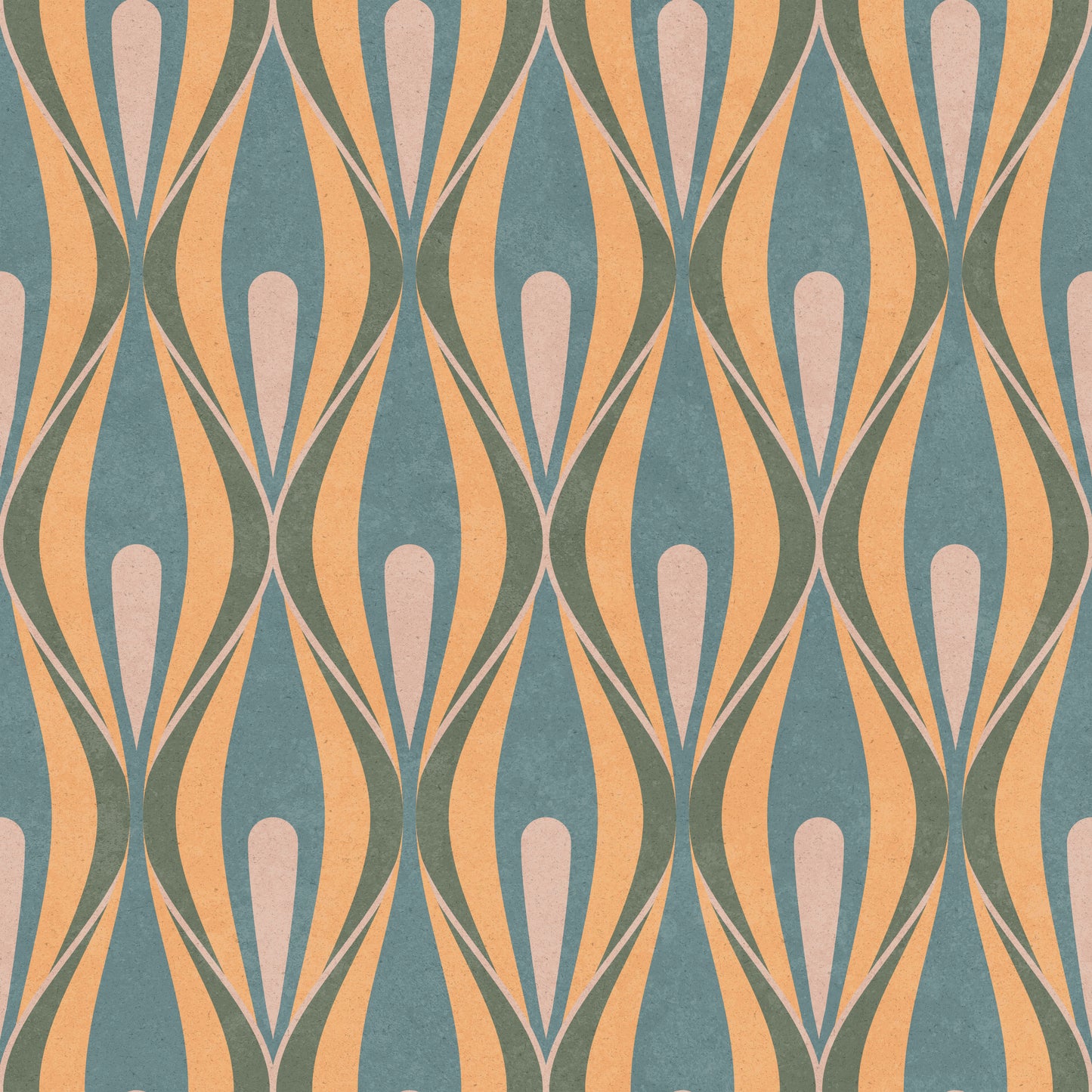 A repeating mid-century modern geometric pattern featuring vertical teardrop shapes in muted teal, peach, olive green, and pale blush pink on a textured off-white background.