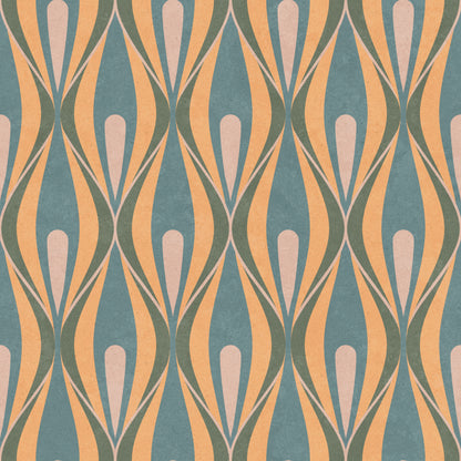 A repeating mid-century modern geometric pattern featuring vertical teardrop shapes in muted teal, peach, olive green, and pale blush pink on a textured off-white background.