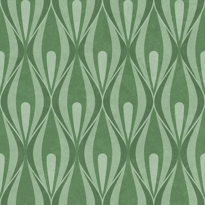 A repeating green and pale mint geometric pattern with elongated teardrop and leaf-like shapes, shown as a flat close-up of the material/pattern.