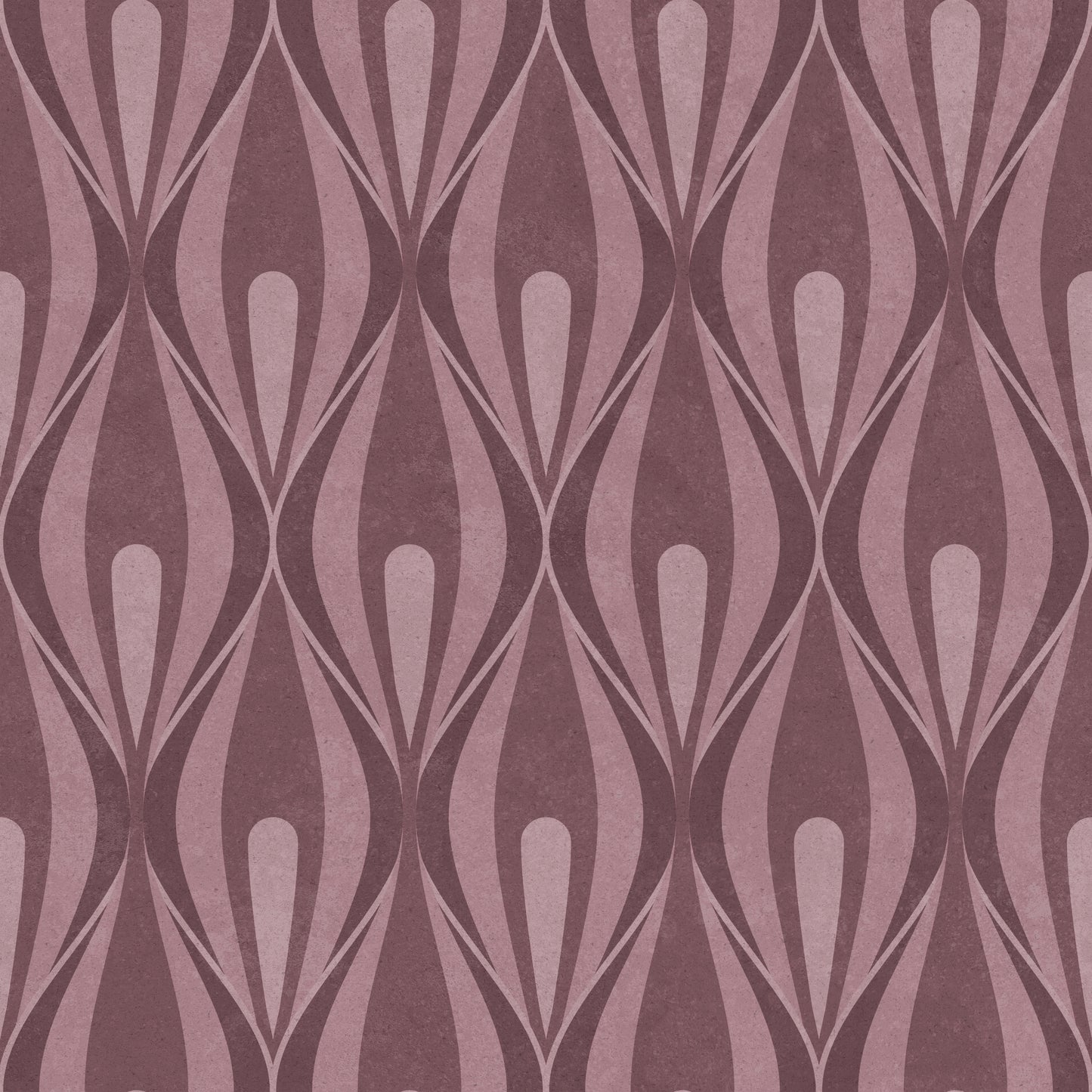 A repeating ogee wallpaper pattern featuring vertical teardrop shapes in dusty mauve and muted pink tones with a subtle textured finish.