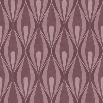A repeating ogee wallpaper pattern featuring vertical teardrop shapes in dusty mauve and muted pink tones with a subtle textured finish.