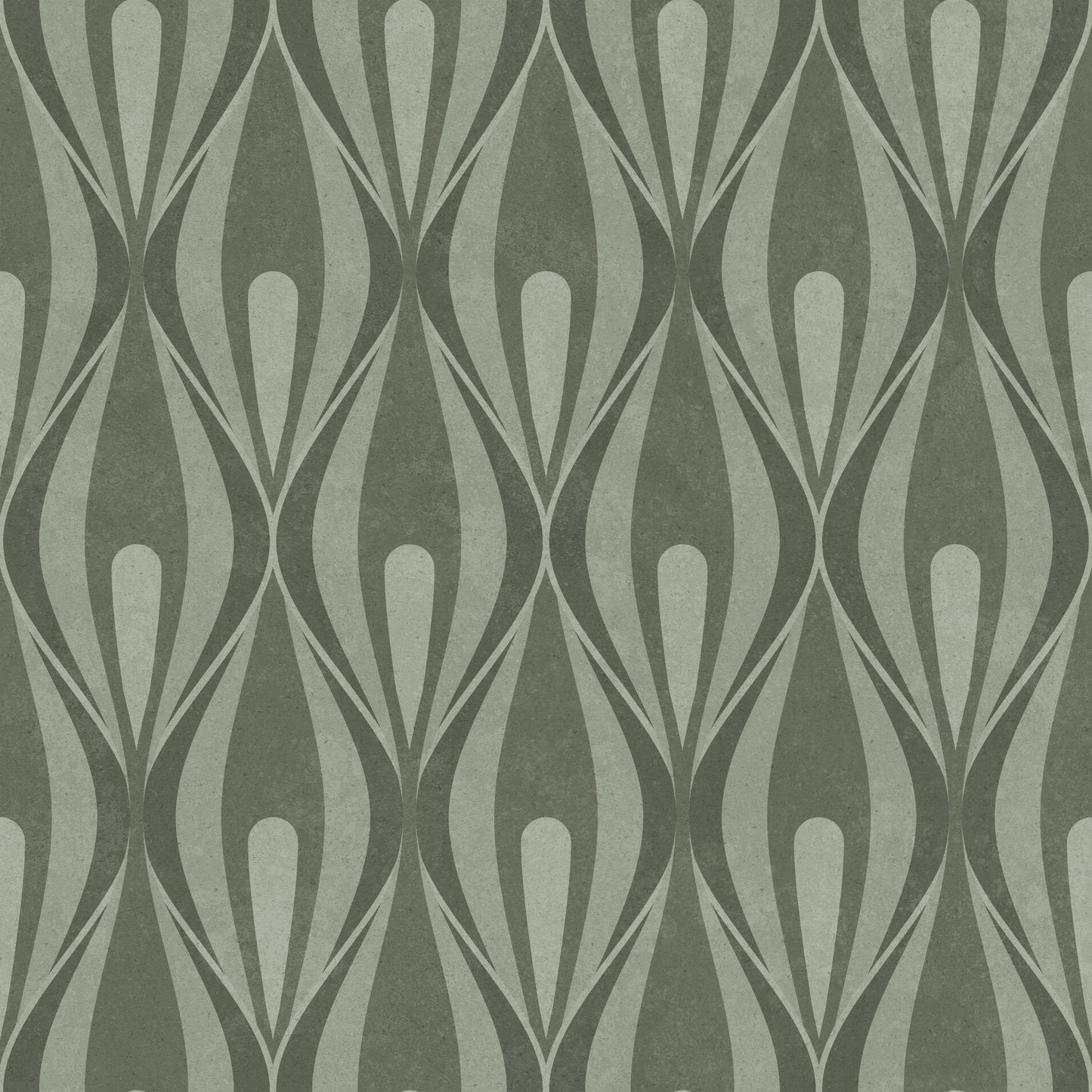 A repeating geometric wallpaper pattern featuring vertical wavy lines in muted sage green and gray-green tones.