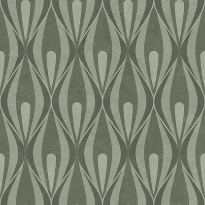 A repeating geometric wallpaper pattern featuring vertical wavy lines in muted sage green and gray-green tones.