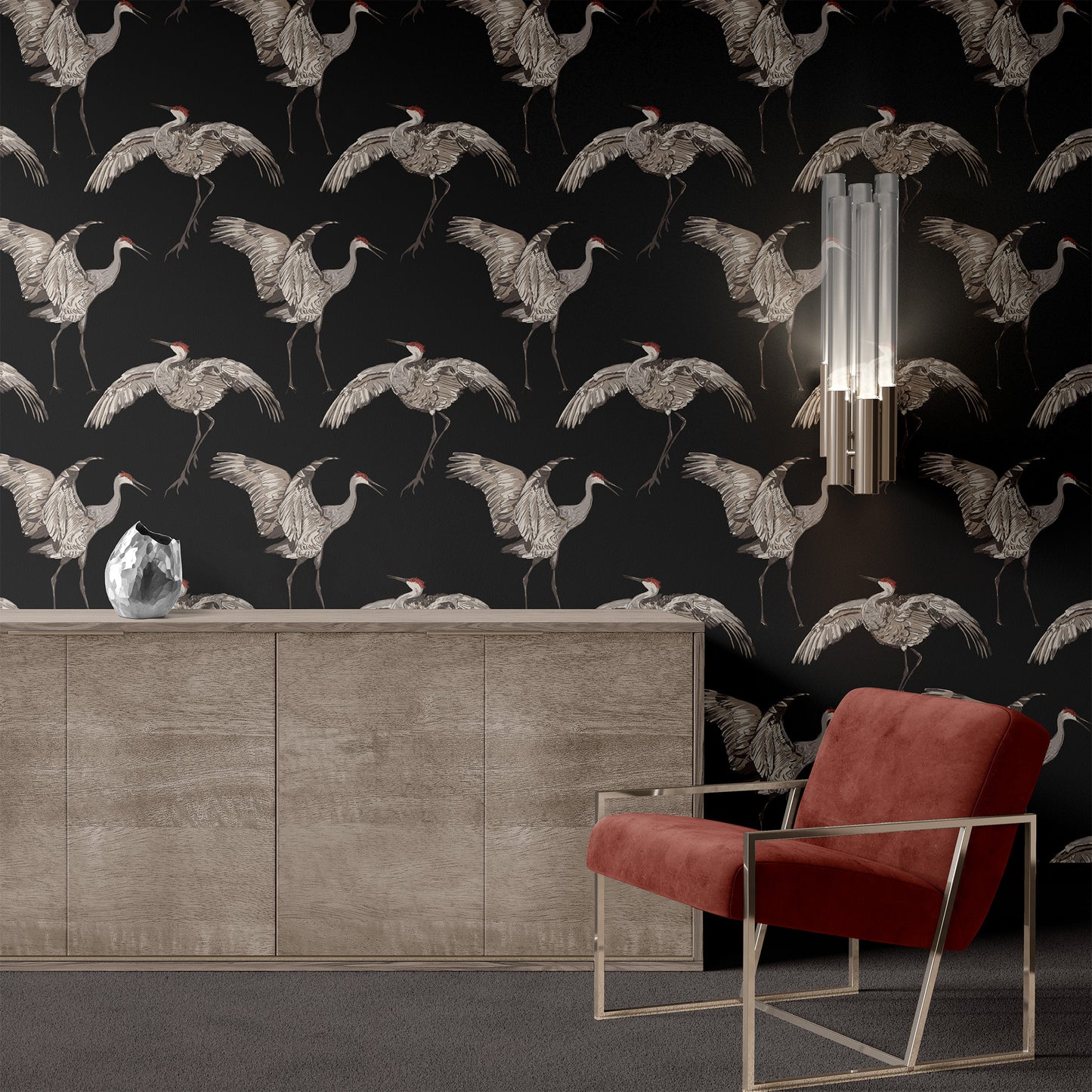 Crane bird wallpaper accent wall in dramatic black