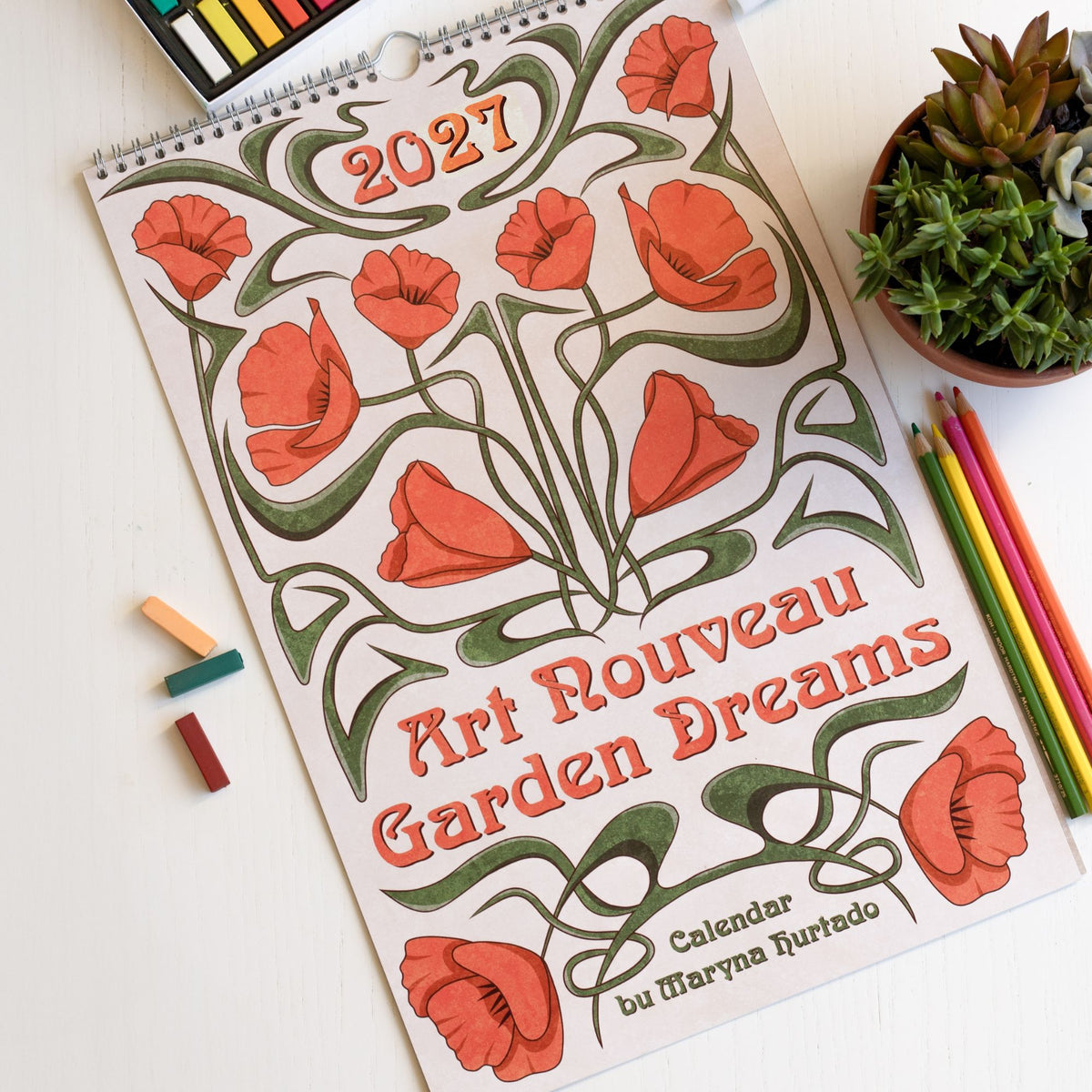 Art Nouveau Garden Dreams 2027 wall calendar cover with orange poppies