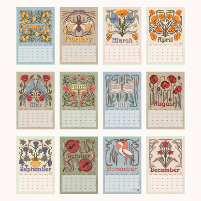 All twelve months of the Art Nouveau Garden Dreams wall calendar shown as small thumbnails