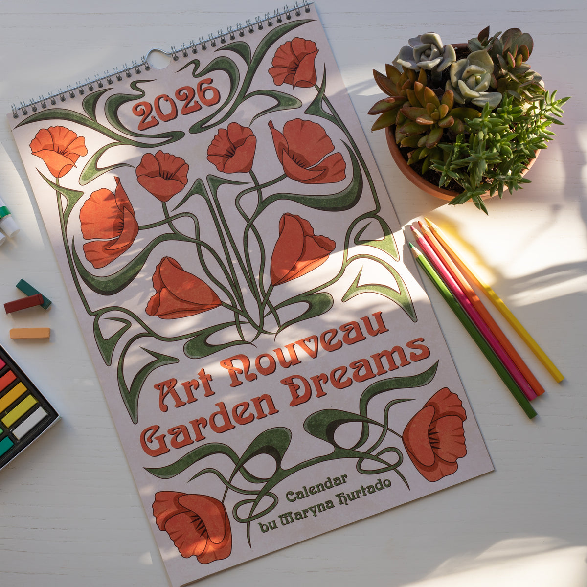 Art Nouveau Garden Dreams calendar cover with poppies