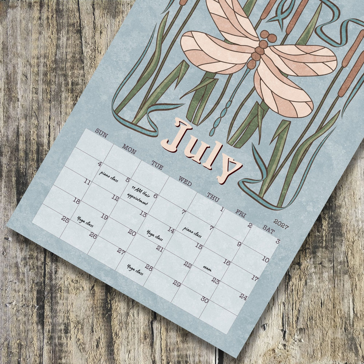 July page of the Art Nouveau Garden Dreams wall calendar with a dragonfly illustration