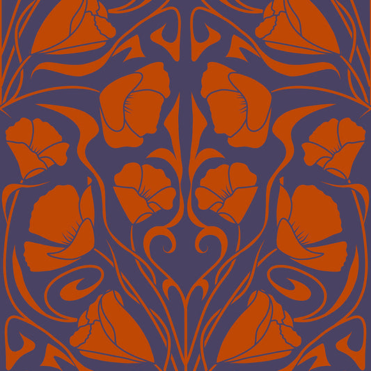 Art Nouveau poppy wallpaper in burnt orange on violet