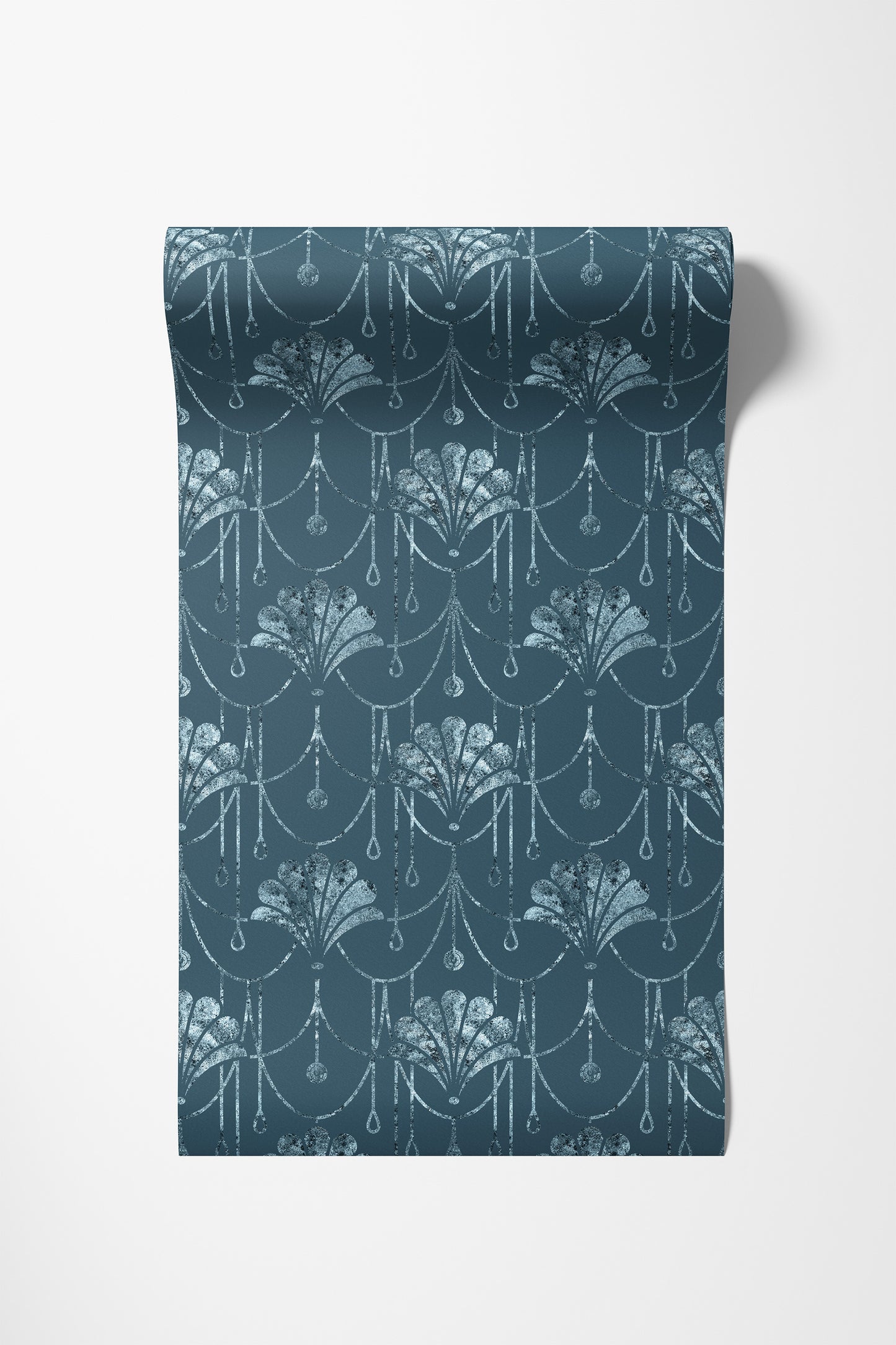 A roll of wallpaper with a repeating damask-style floral pattern in a muted teal blue and white, shown against a plain white background.