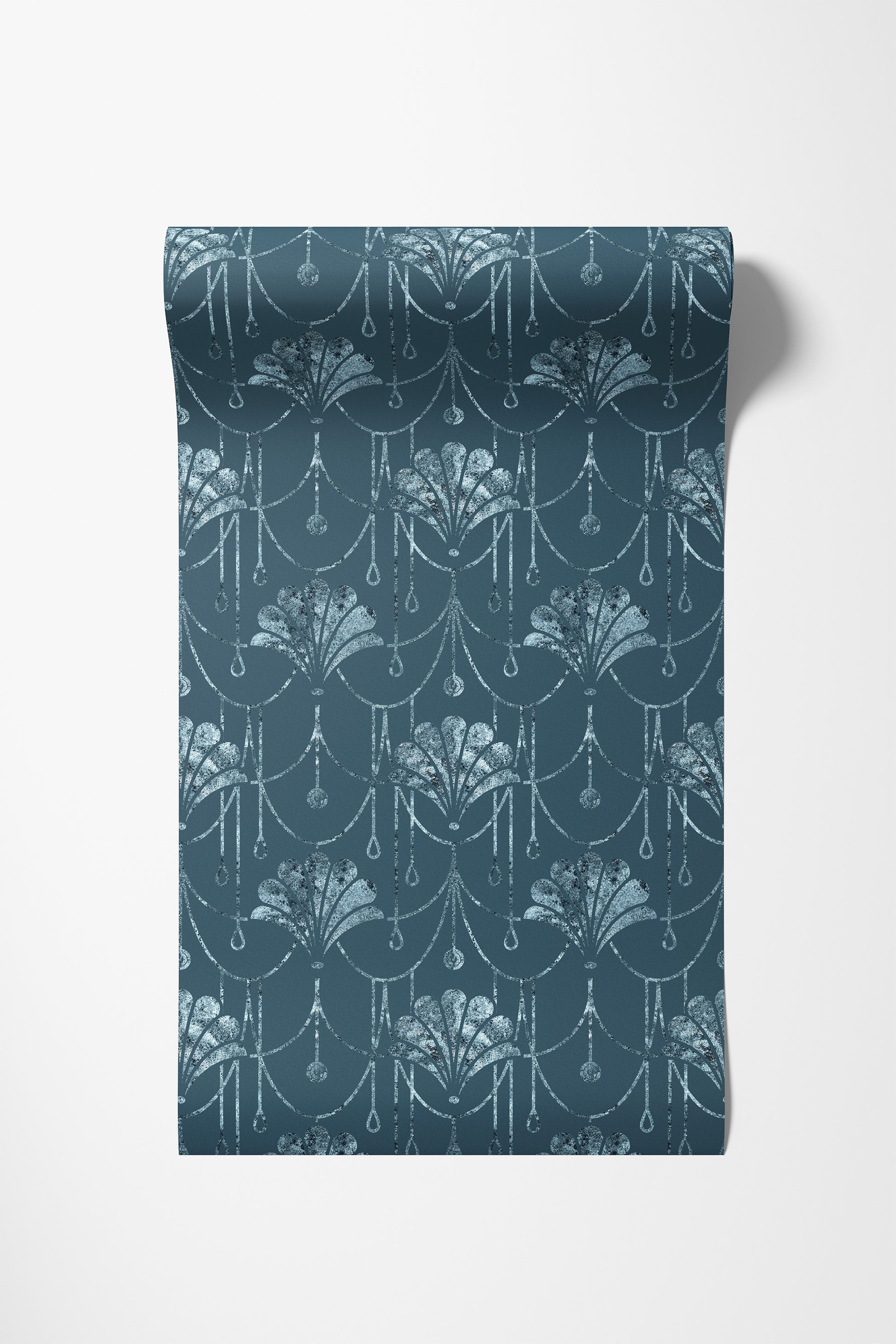 A roll of wallpaper with a repeating damask-style floral pattern in a muted teal blue and white, shown against a plain white background.
