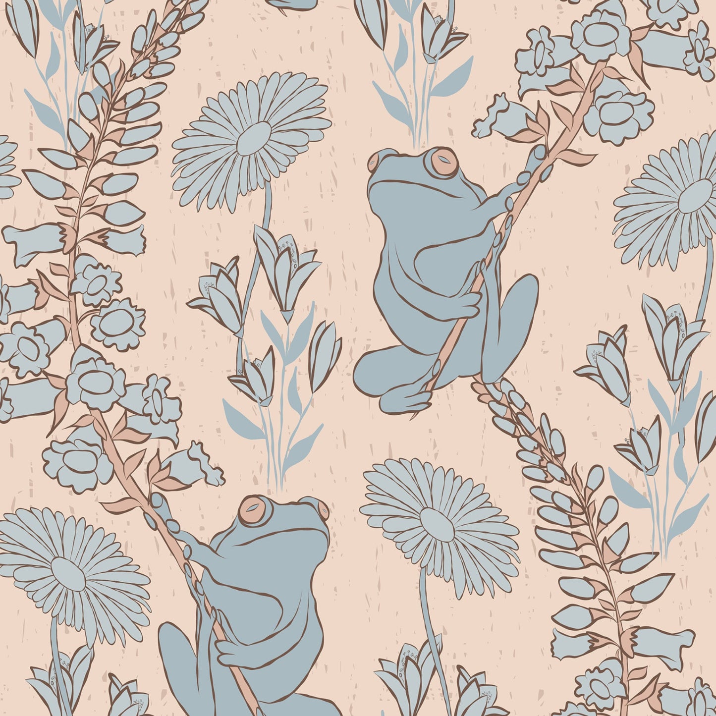 A repeating illustrated pattern featuring two pale blue-green frogs climbing on flowering stems among daisy-like flowers on a warm beige background.