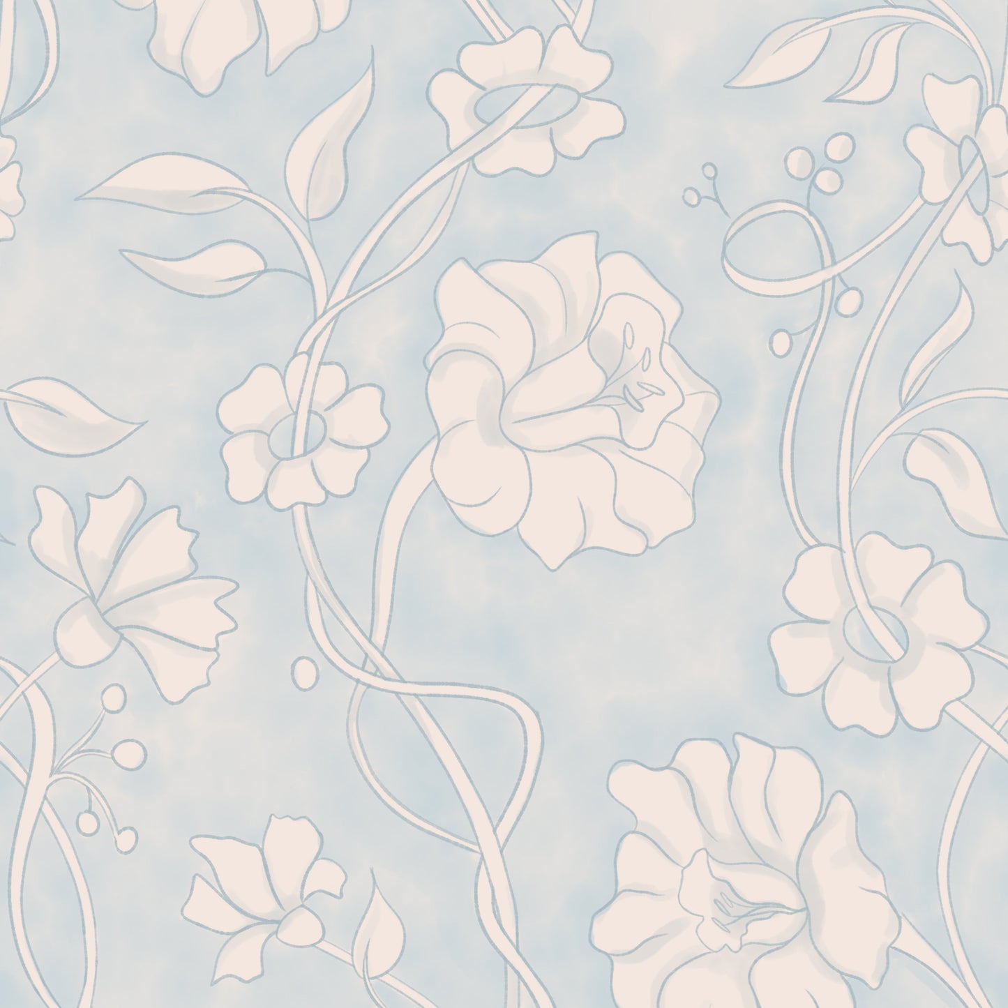 A repeating floral pattern with pale blush flowers and stems on a very light icy blue background.