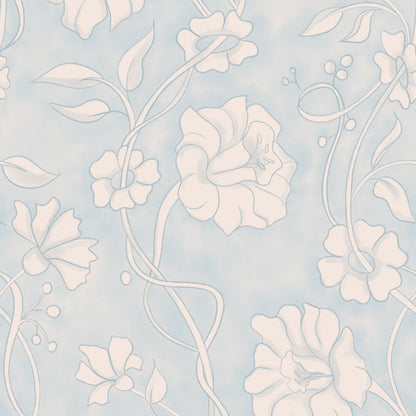 A repeating floral pattern with pale blush flowers and stems on a very light icy blue background.