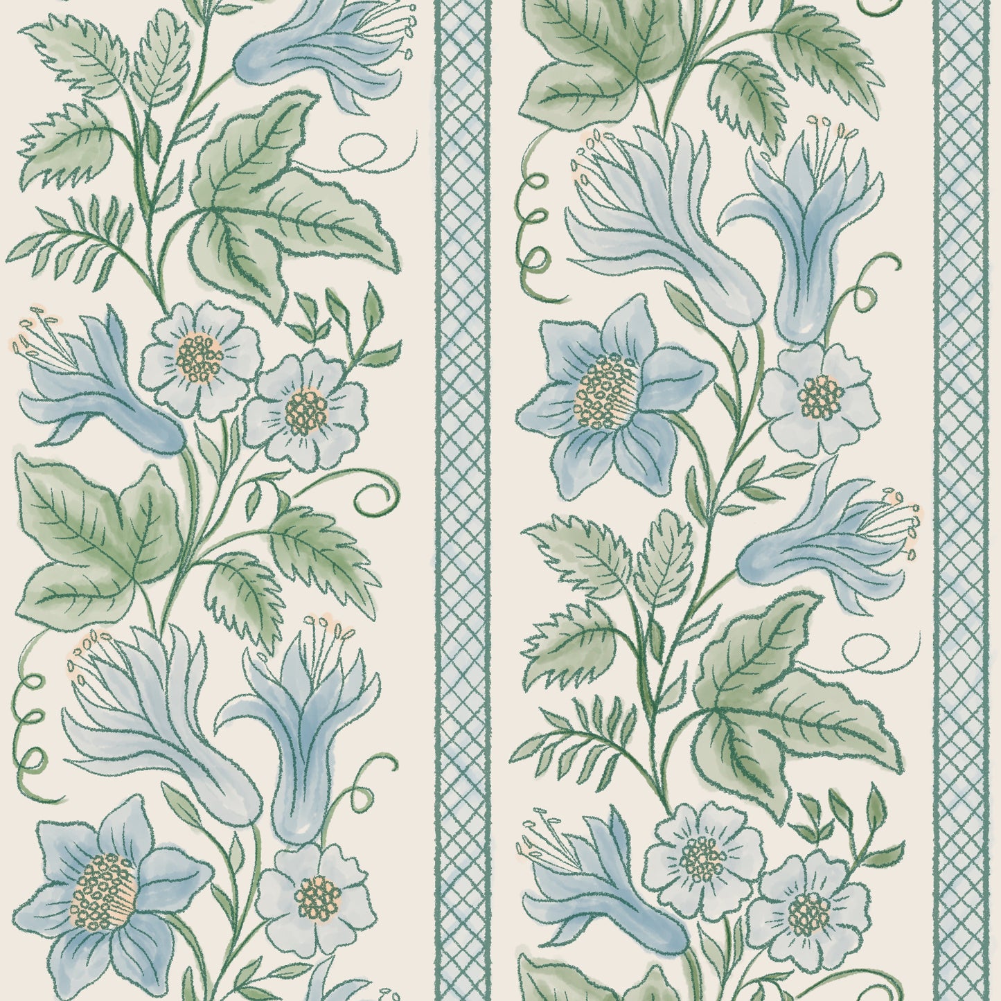 A repeating floral wallpaper pattern featuring light blue watercolor flowers and green leaves on a cream background, framed by a decorative green border.