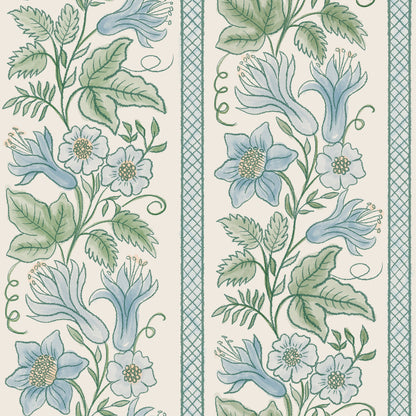 A repeating floral wallpaper pattern featuring light blue watercolor flowers and green leaves on a cream background, framed by a decorative green border.