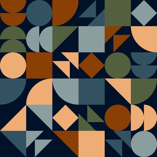 Dark moody Bauhaus geometric wallpaper in navy black, rust, slate blue and olive