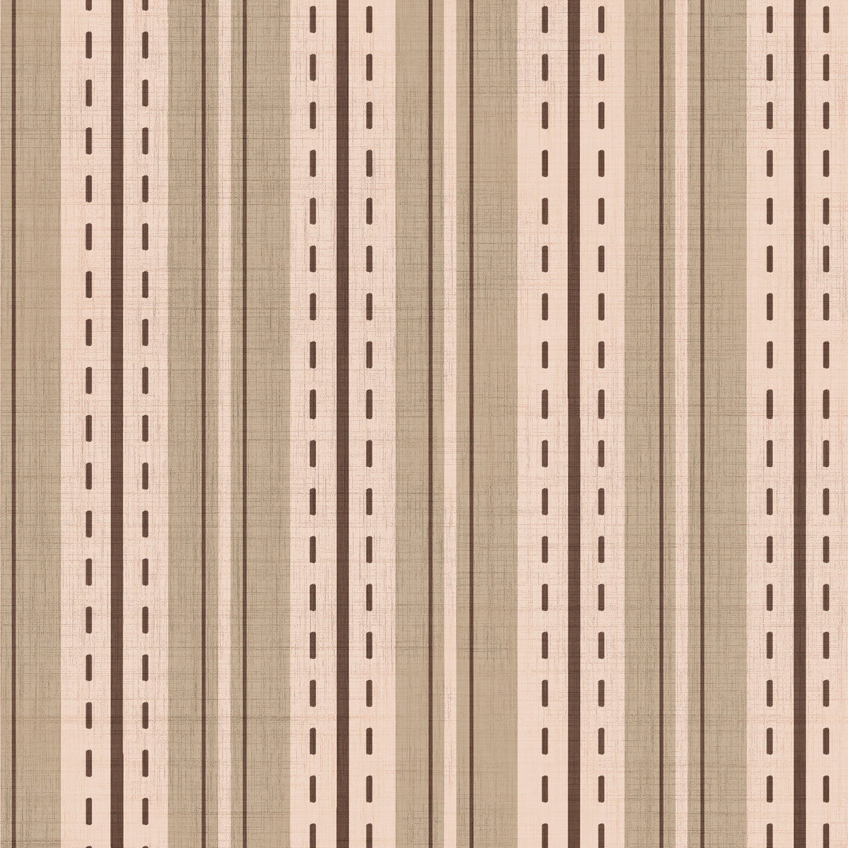 Beige and brown ticking stripe wallpaper swatch with dashed line and linen texture