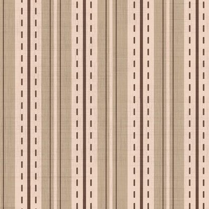 Beige and brown ticking stripe wallpaper swatch with dashed line and linen texture