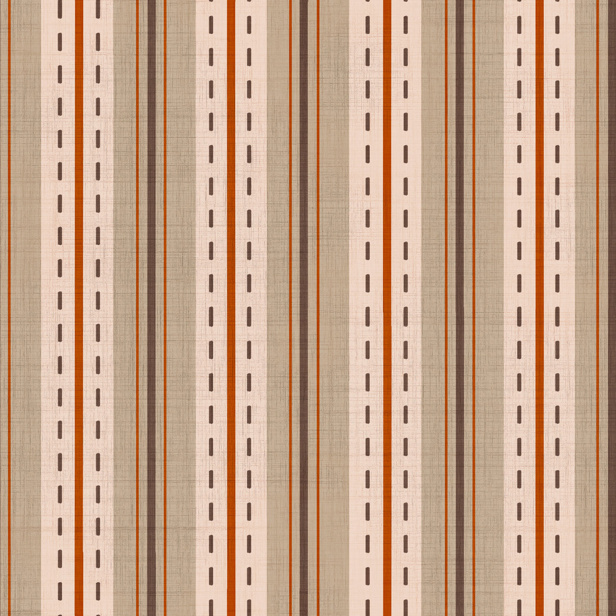 Beige and red ticking stripe wallpaper swatch with dashed line and linen texture
