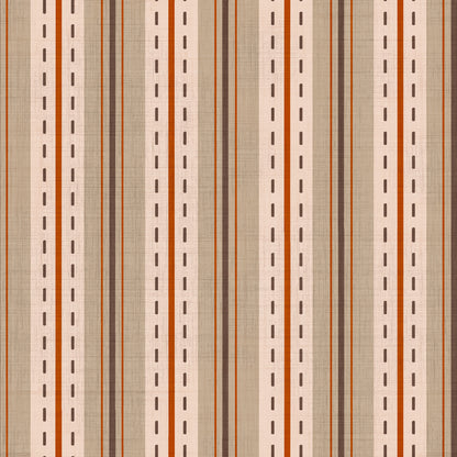 Beige and red ticking stripe wallpaper swatch with dashed line and linen texture