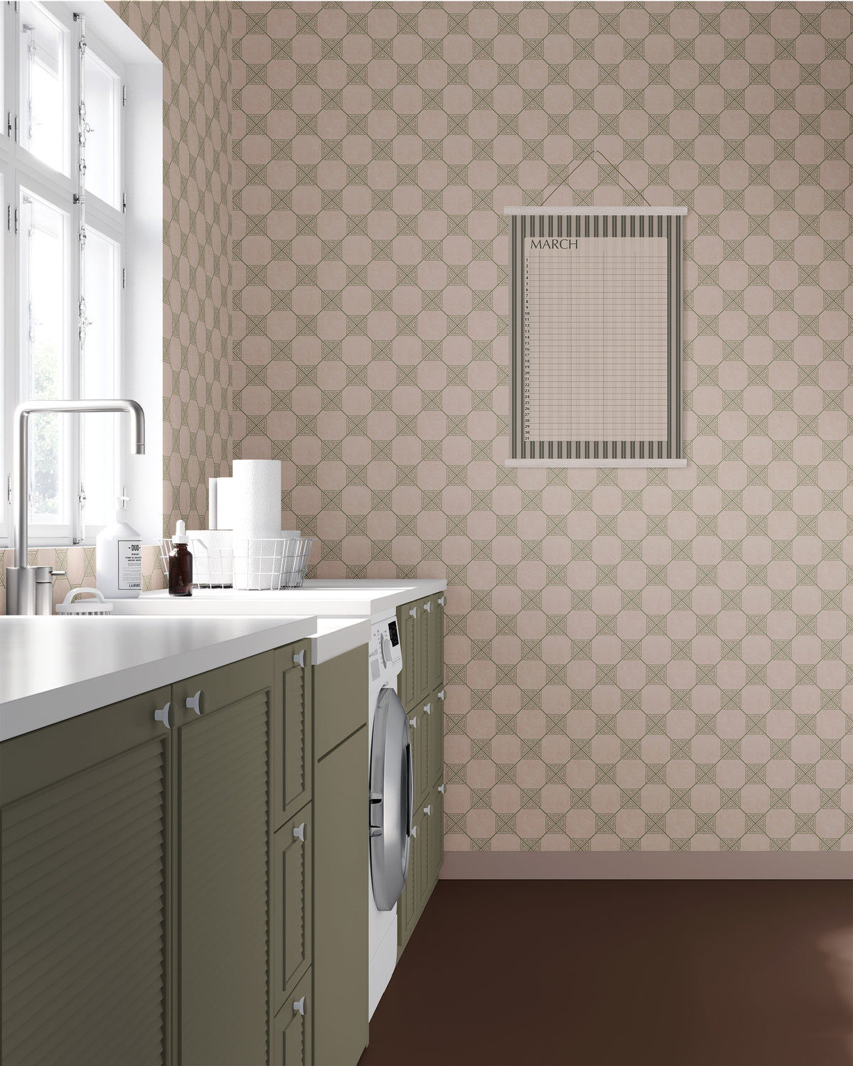 Beige lattice wallpaper in a laundry room with sage green cabinets