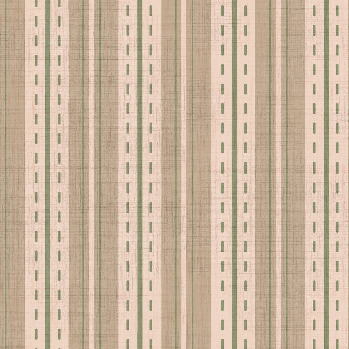 Beige and sage green ticking stripe wallpaper swatch with dashed line and linen texture