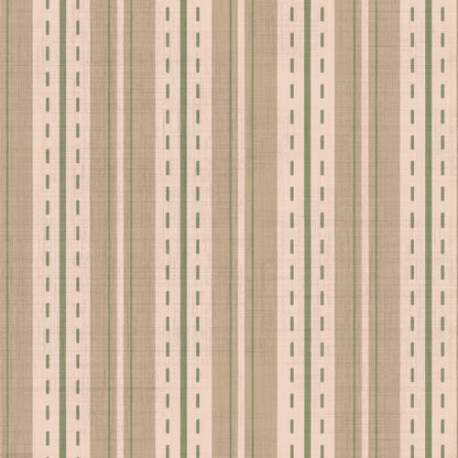 Beige and sage green ticking stripe wallpaper swatch with dashed line and linen texture