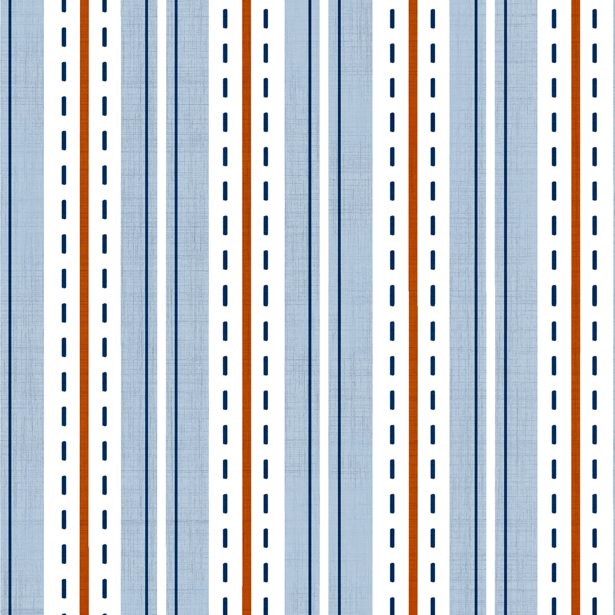 White and blue ticking stripe wallpaper swatch with dashed line and linen texture