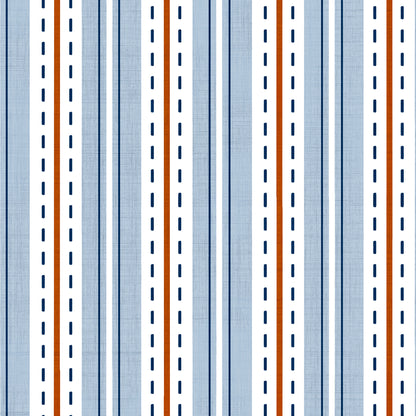 White and blue ticking stripe wallpaper swatch with dashed line and linen texture