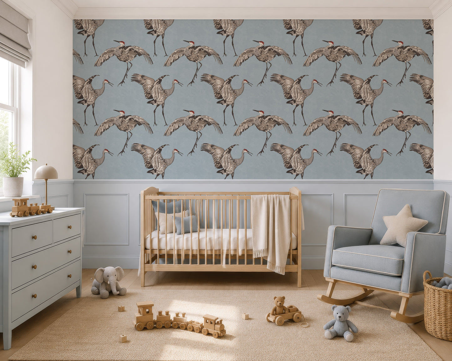 Blue crane wallpaper for nursery room