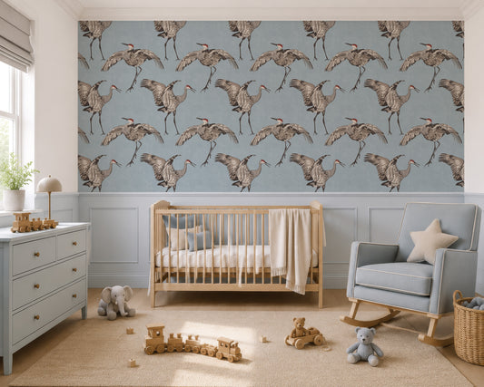 Blue crane wallpaper for nursery room