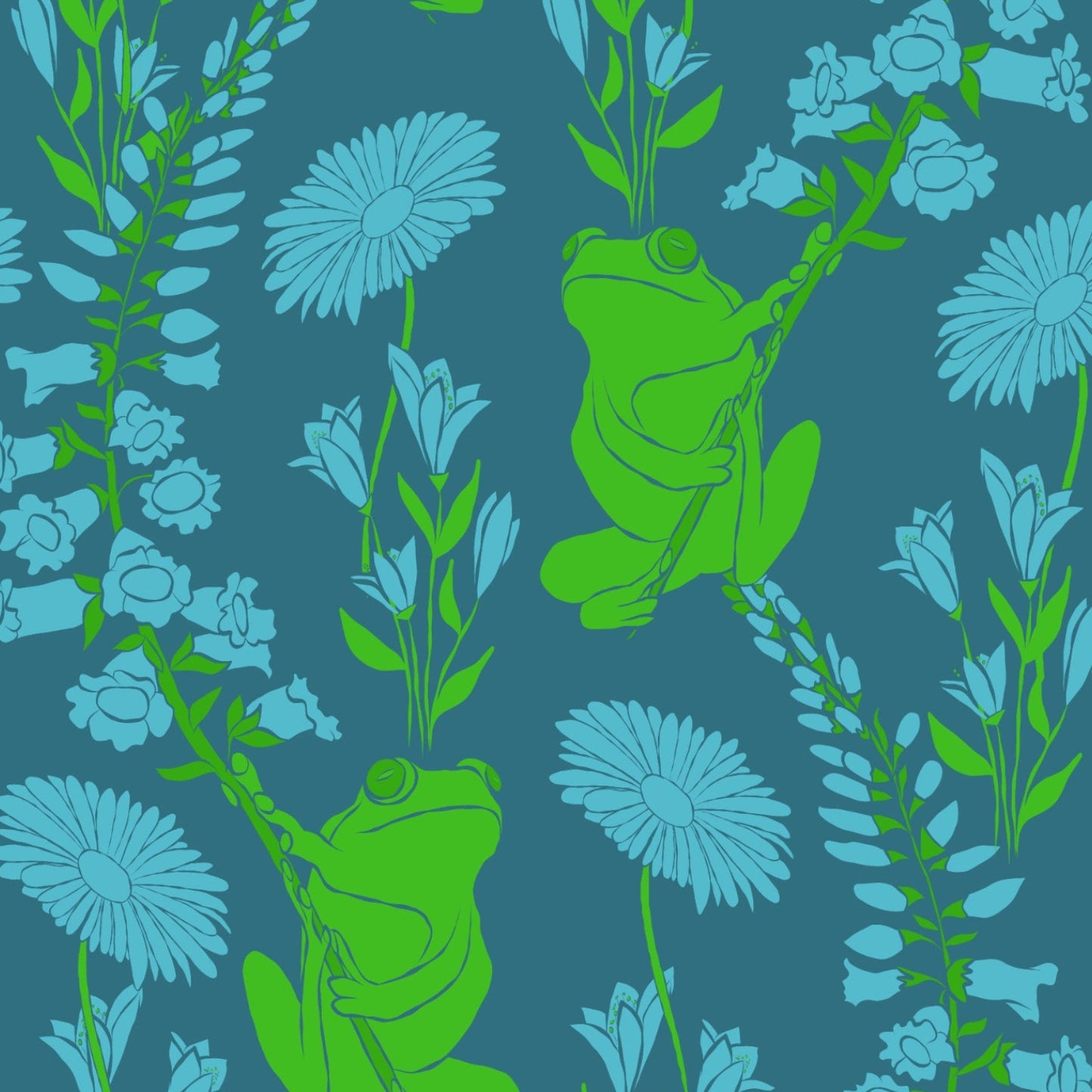 A repeating seamless pattern featuring green frogs climbing on vines among light blue flowers, set against a dark teal background.