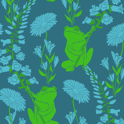 A repeating seamless pattern featuring green frogs climbing on vines among light blue flowers, set against a dark teal background.
