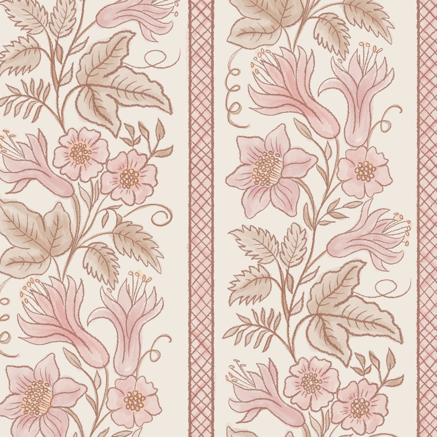A floral wallpaper pattern featuring light pink flowers and muted brown leaves on a warm cream background, bordered by vertical bands with a fine pink-and-brown lattice pattern.