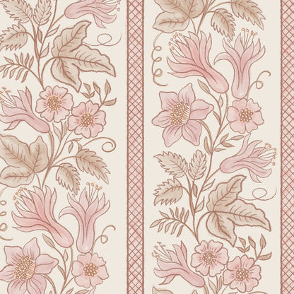 A floral wallpaper pattern featuring light pink flowers and muted brown leaves on a warm cream background, bordered by vertical bands with a fine pink-and-brown lattice pattern.