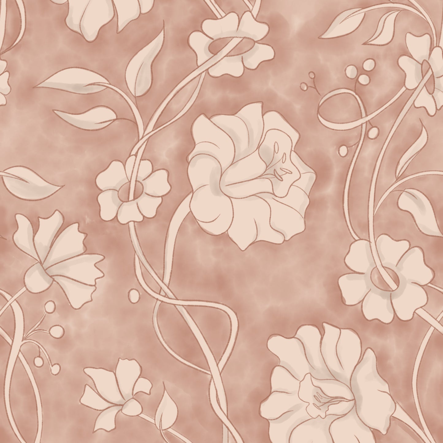 A repeating floral pattern with large pale blush flowers and delicate vines on a warm dusty pink background.