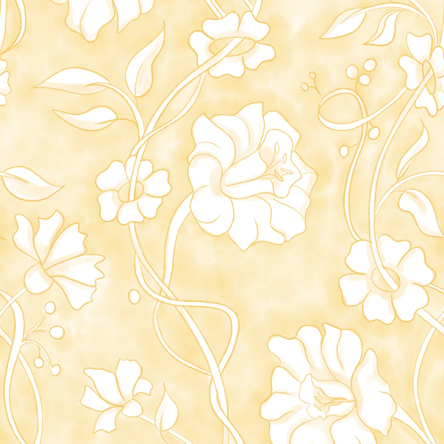 A repeating floral pattern with white flowers and vines on a warm pale yellow background.
