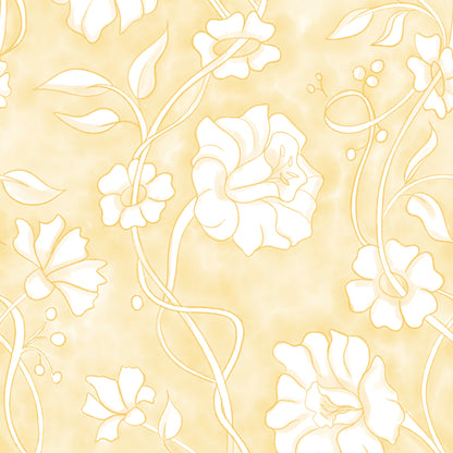 A repeating floral pattern with white flowers and vines on a warm pale yellow background.